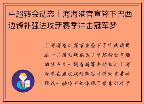 中超转会动态上海海港官宣签下巴西边锋补强进攻新赛季冲击冠军梦 中超转会动态上海海港官宣签下巴西边锋补强进攻新赛季冲击冠军梦