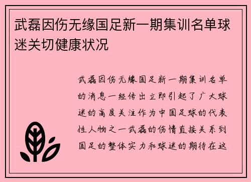 武磊因伤无缘国足新一期集训名单球迷关切健康状况 武磊因伤无缘国足新一期集训名单球迷关切健康状况